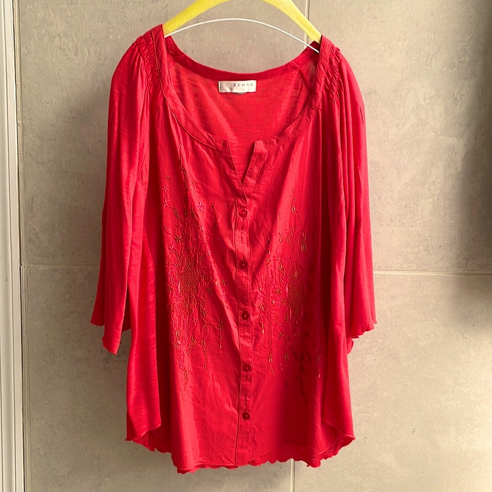 Coral color, embroidered blouse